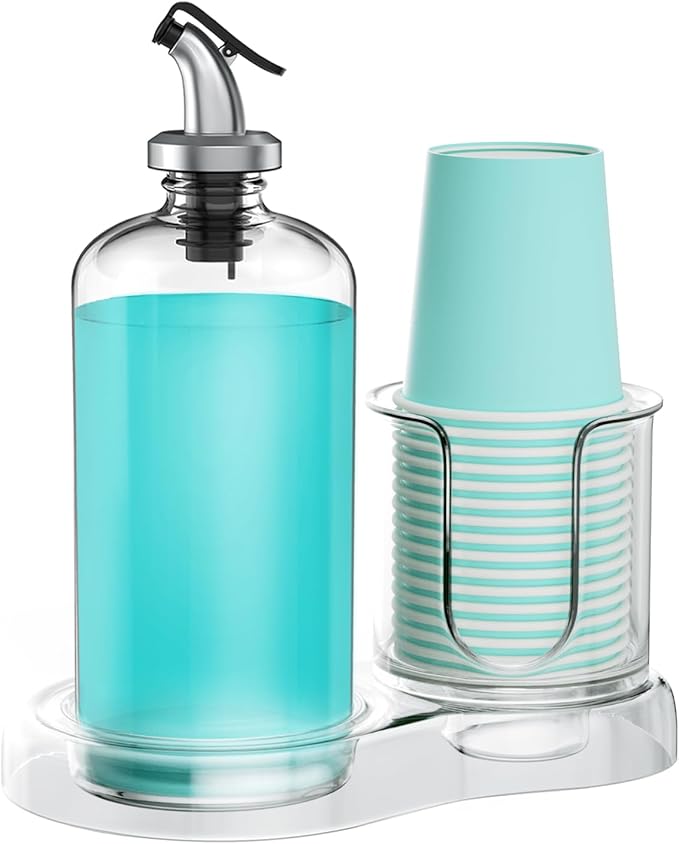 Mouthwash Dispenser for Bathroom with Cup Holder Detachable Glass Mouthwash Container 16 Oz,Refillable Mouth Washer Dispenser for Countertop