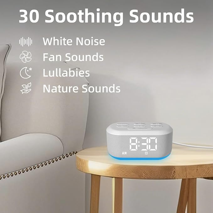White Noise Alarm Clock Sound Machine for Bedroom Small Brown Noise Machine with 30 Soothing Sound Plug in Bedside Clock with NightLight Battery Backup 15 Wake up Sound Clock for Kids Heavy Sleeper