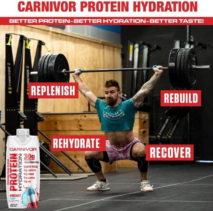 MuscleMeds Carnivor Protein Hydration RTD, Refreshing Ready to Drink, 30 g Isolate Protein, Lactose Free, Sugar Free, Electrolytes, Muscle Building, Recovery, Halal Certified, Rocket Pop, 16.9 Fl Oz