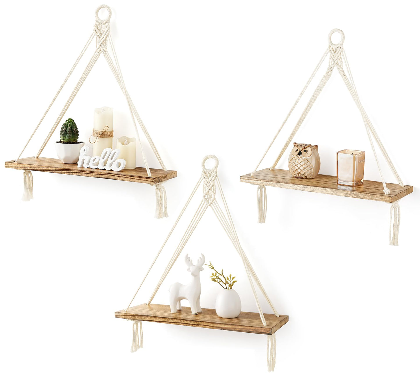 Mkono Woven Storage Basket Decorative Rope Basket and Macrame Hanging Shelves Boho Wall Decor Set of 3