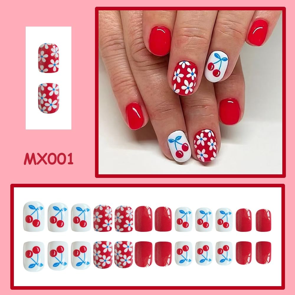 Flower Press on Nails Short Square Fake Nails with Flower Cherry Design Glossy Red Glue on Nails Floral Nails Press ons Reusable Full Cover Spring Summer Acrylic Nails for Women Manicure 24Pcs