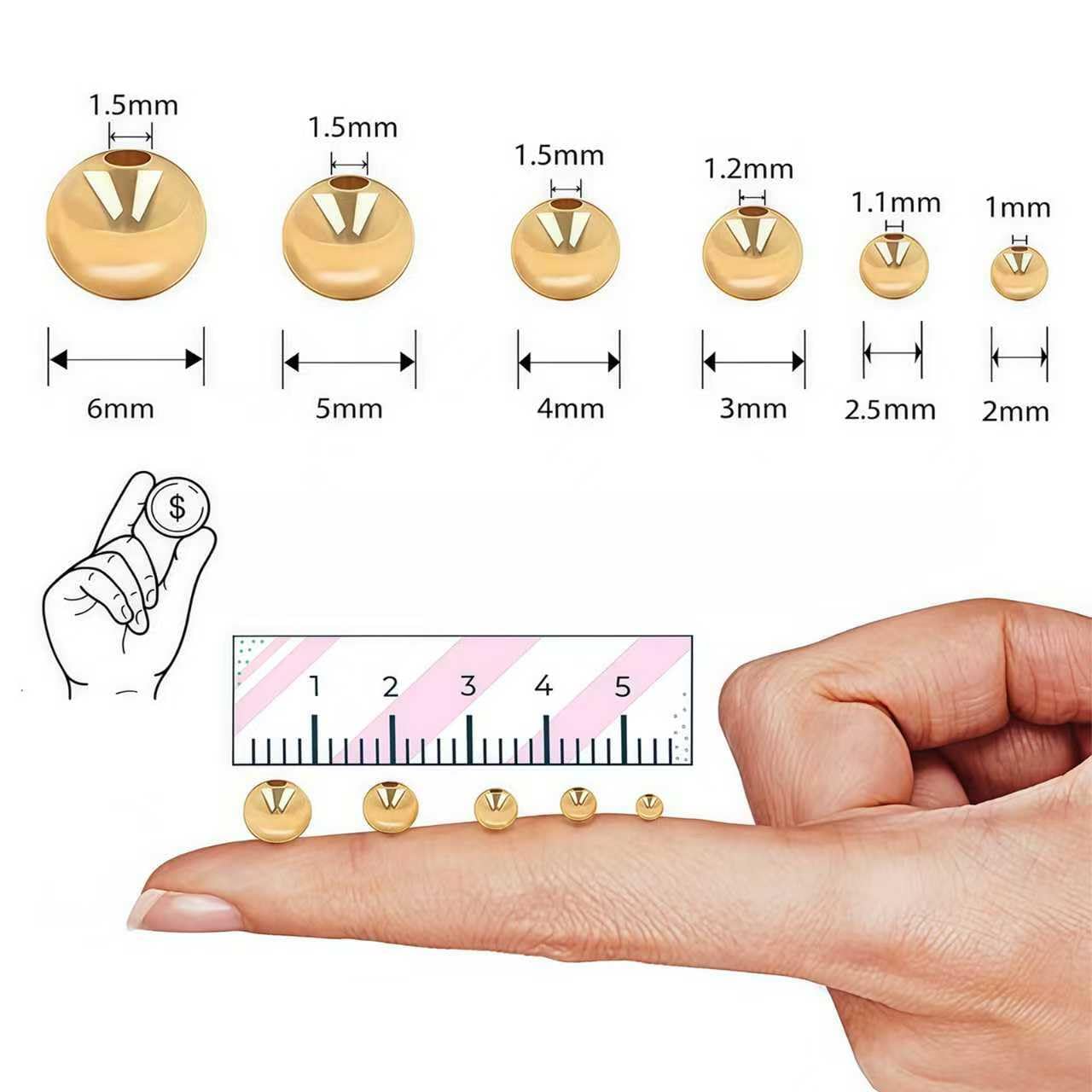480pcs 2/2.5/3/4/5/6mm 18K Gold Filled Round Spacer Beads,Ball Seamless Spacer Beads,for DIY Jewelry Bracelet Necklace Making Findings (18K Gold)