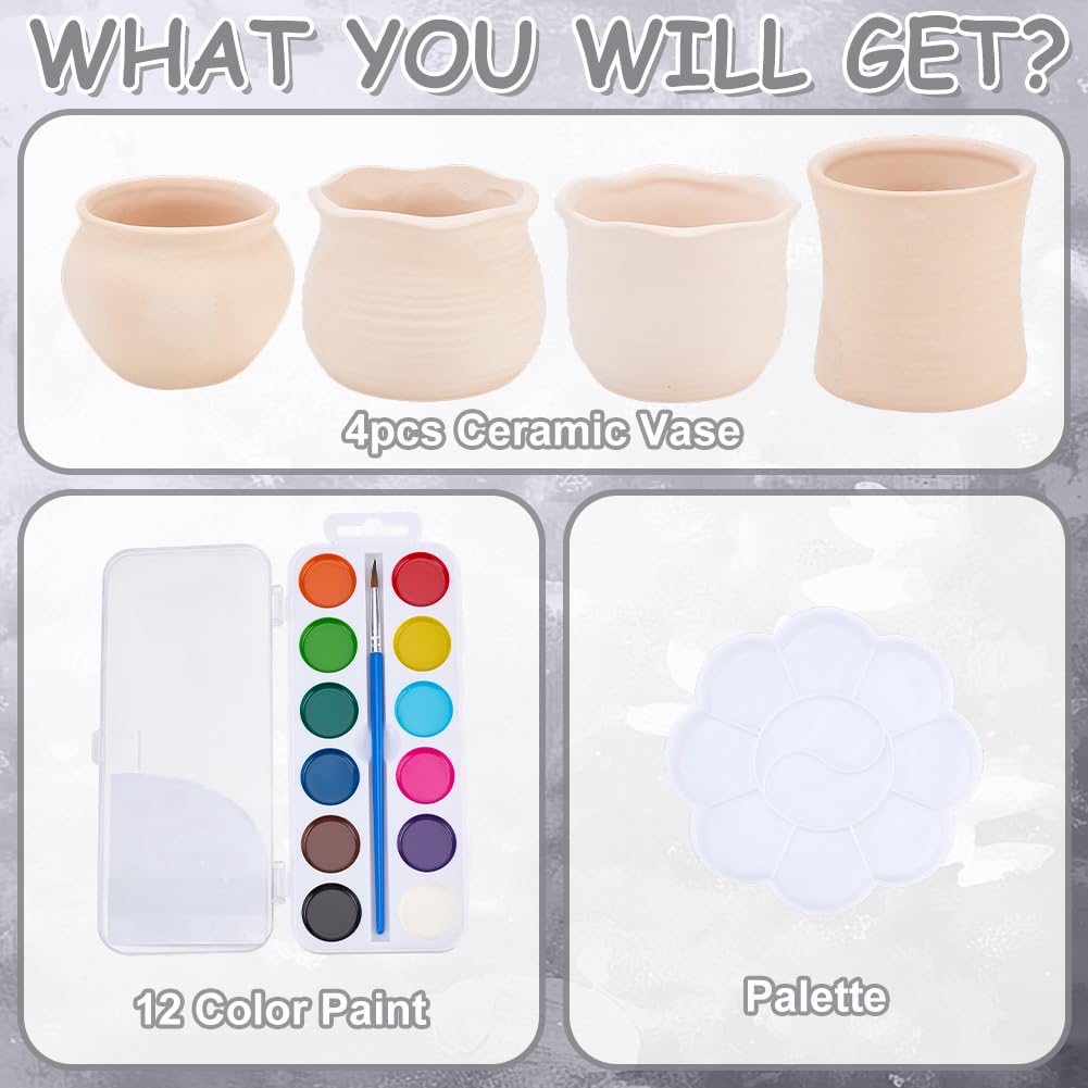 WEBEEDY 4 Sets DIY Ceramic Succulent Pots Painting Kit Paint Your Own Ceramic Planter Pot, Ready to Paint Ceramics Unpainted Flower Pot Pottery Painting Craft Kit Home Desk Garden Decor Creative Gift