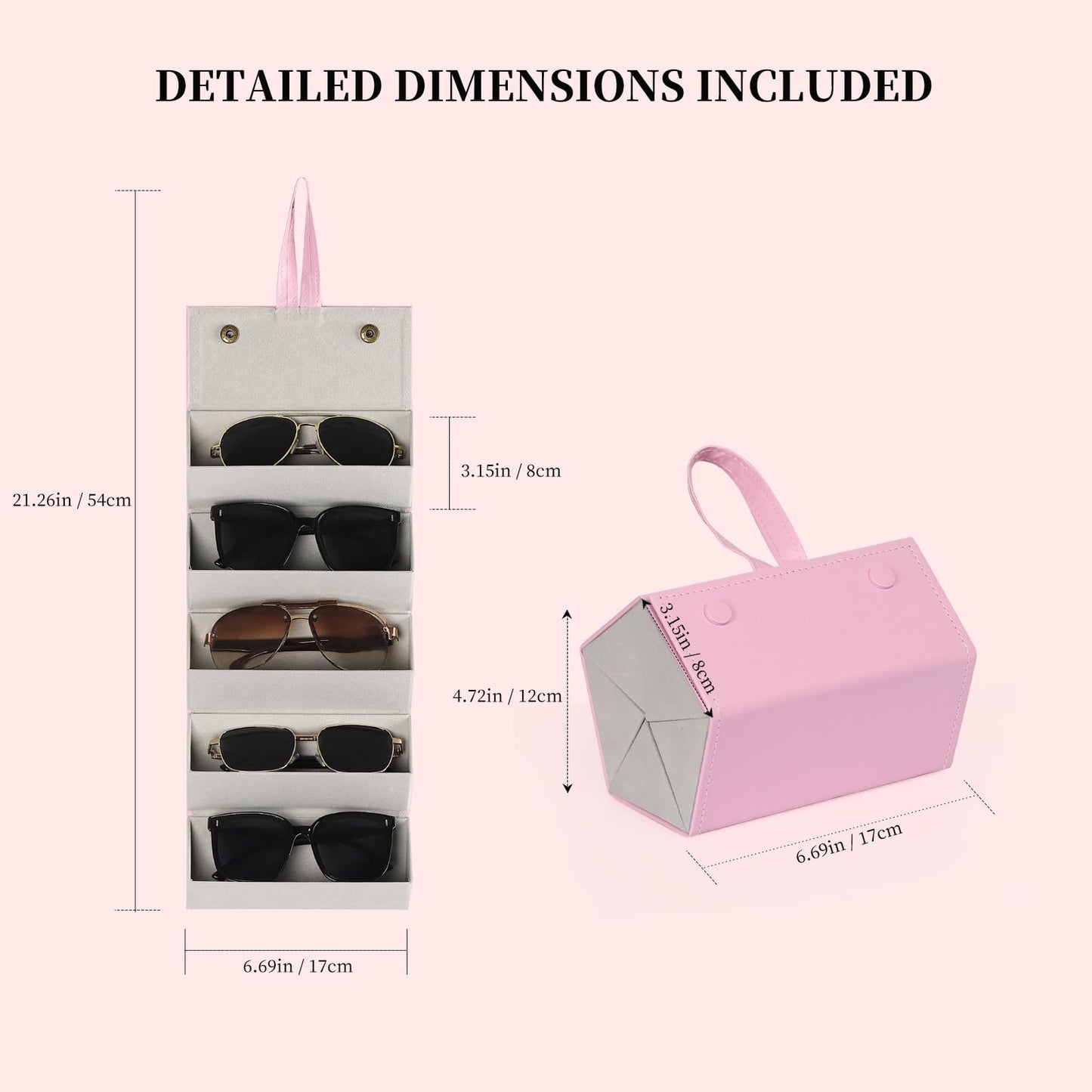 AUTOARK Foldable PU Leather Glasses Organizer with 5 Slots,Hanging & Portable Sunglass Eyewear Storage Case for Men Women,Pink,MKAW254