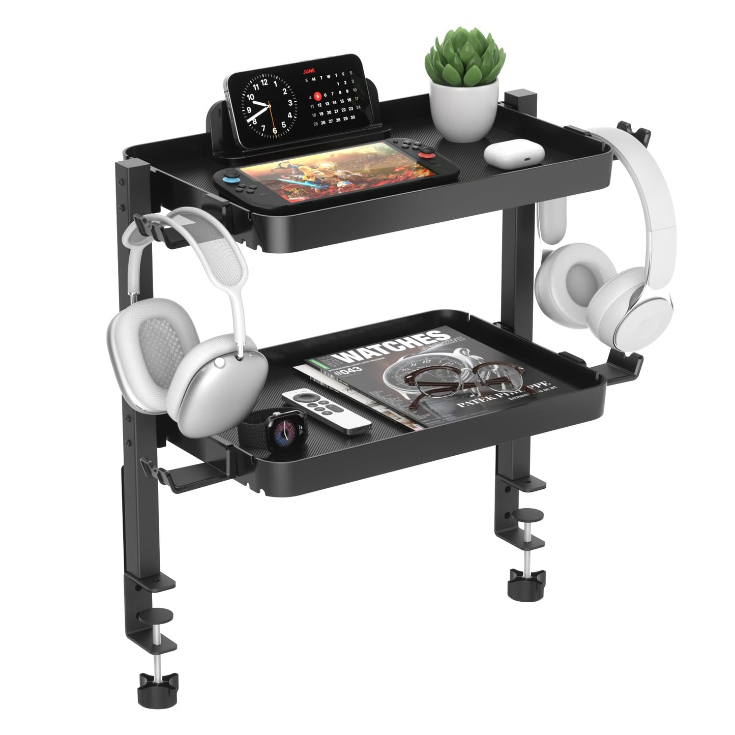 KDD Clamp On Desk Organizer - Adjustable 2-Tier Above or Under Desk Shelves with Large Capacity Tray, Phone & Tablet Holder, Headphone Hook - No Drilling Desktop Storage for Office & Home Accessories