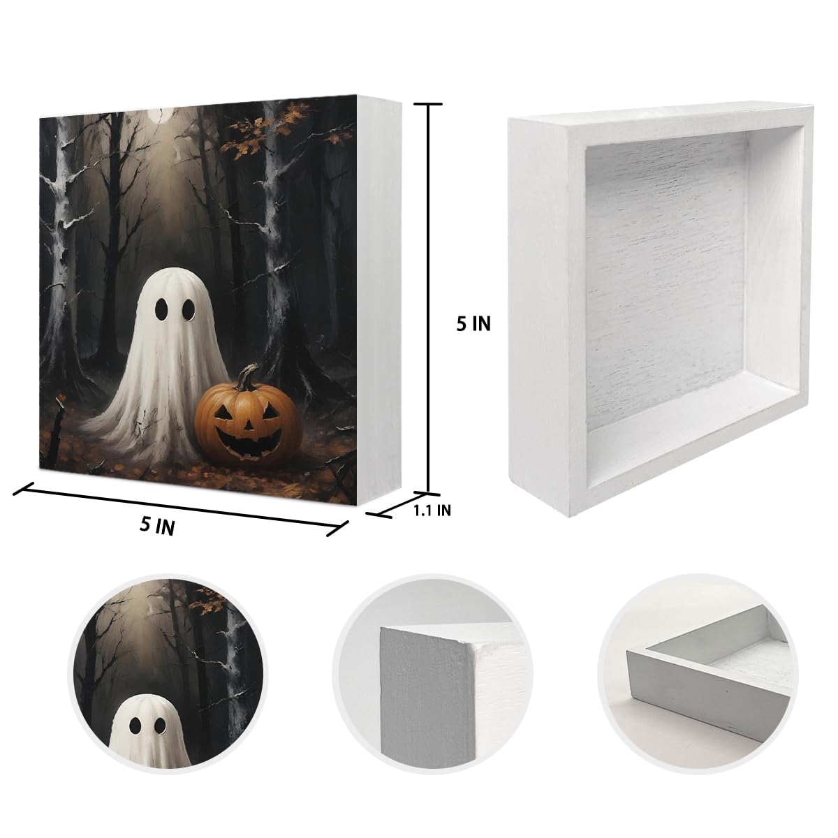 Mtrgdn Halloween Decor,Halloween Decorations Indoor,Spooky Ghost Pumpkin Desk Decor Wooden Box Sign,Halloween Home Office Kitchen Bathroom Bedroom Coffee Table Shelf Wall Decorations,5x5 In