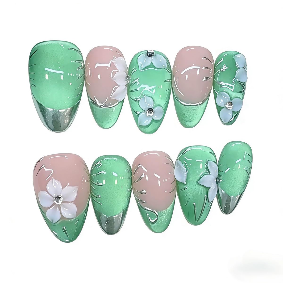 Handmade Press on Nails Almond Medium Fake Nails Green French Tip with 3D Flower Designs Cat's Eye luxury Glossy Cute Acrylic Nails for Women 10pcs (Size M）