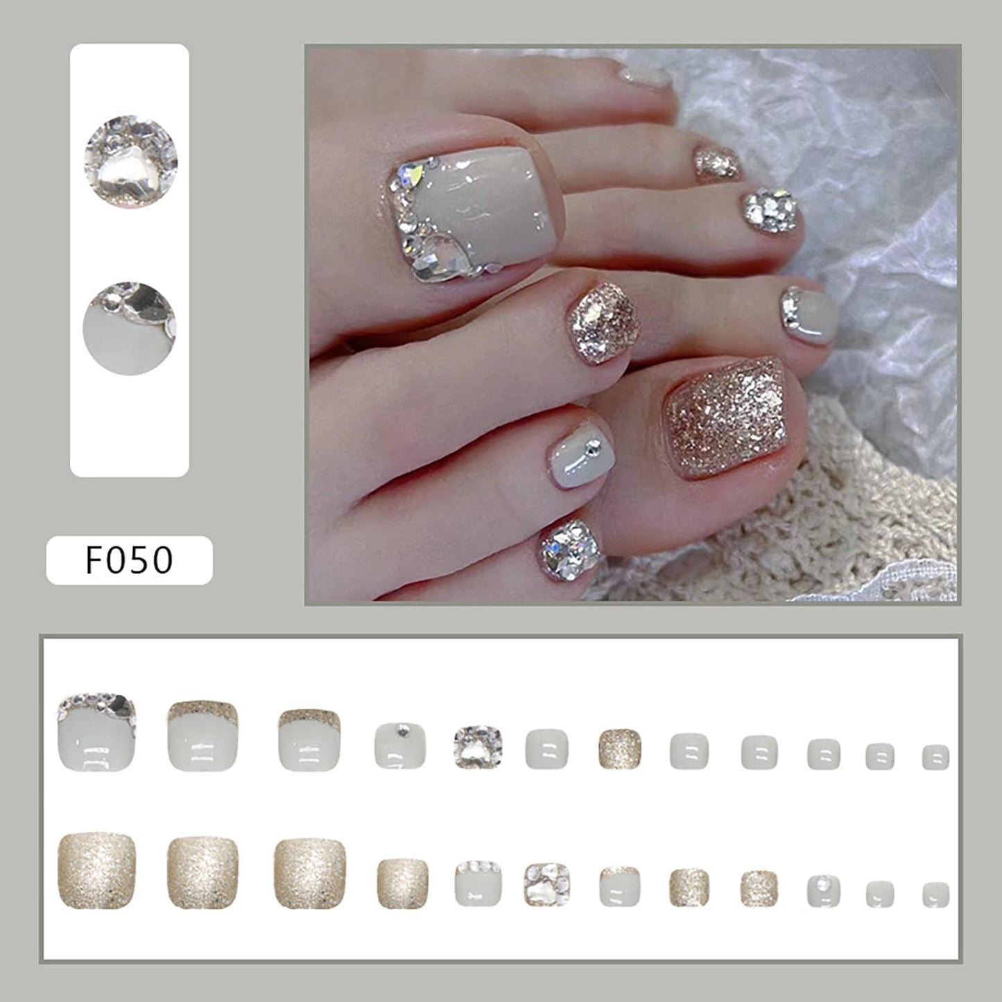 Press On Coffin Toenails With Bling Designs, Full Cover Reusable False Nails With Adhesive Tab, Artificial Acrylic Fake Toe Nails, Glue On With Charm, Stick On for Women