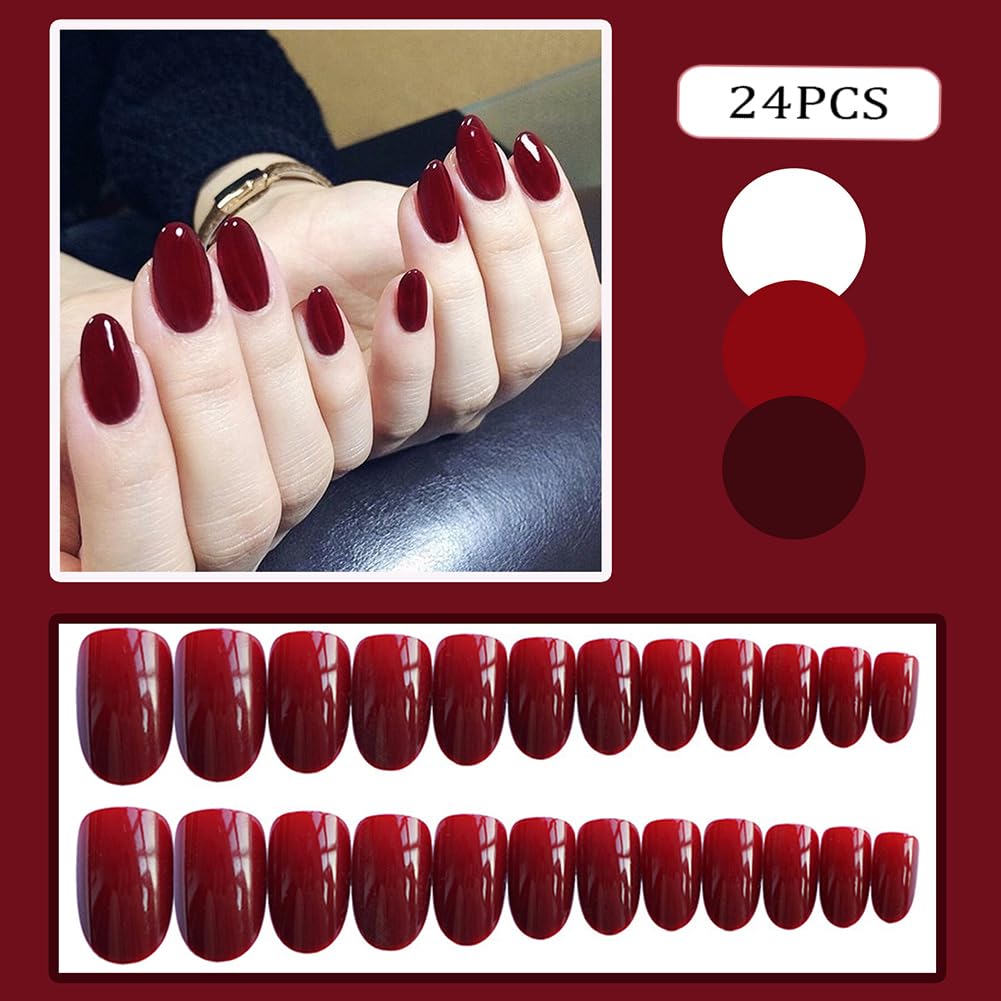 RUPOFUZA Red Almond Press on False Nails Medium Round 24pcs Solid Colour Red Designs Acrylic Nail Press ons Artificial Nail Stick on Nails for Women