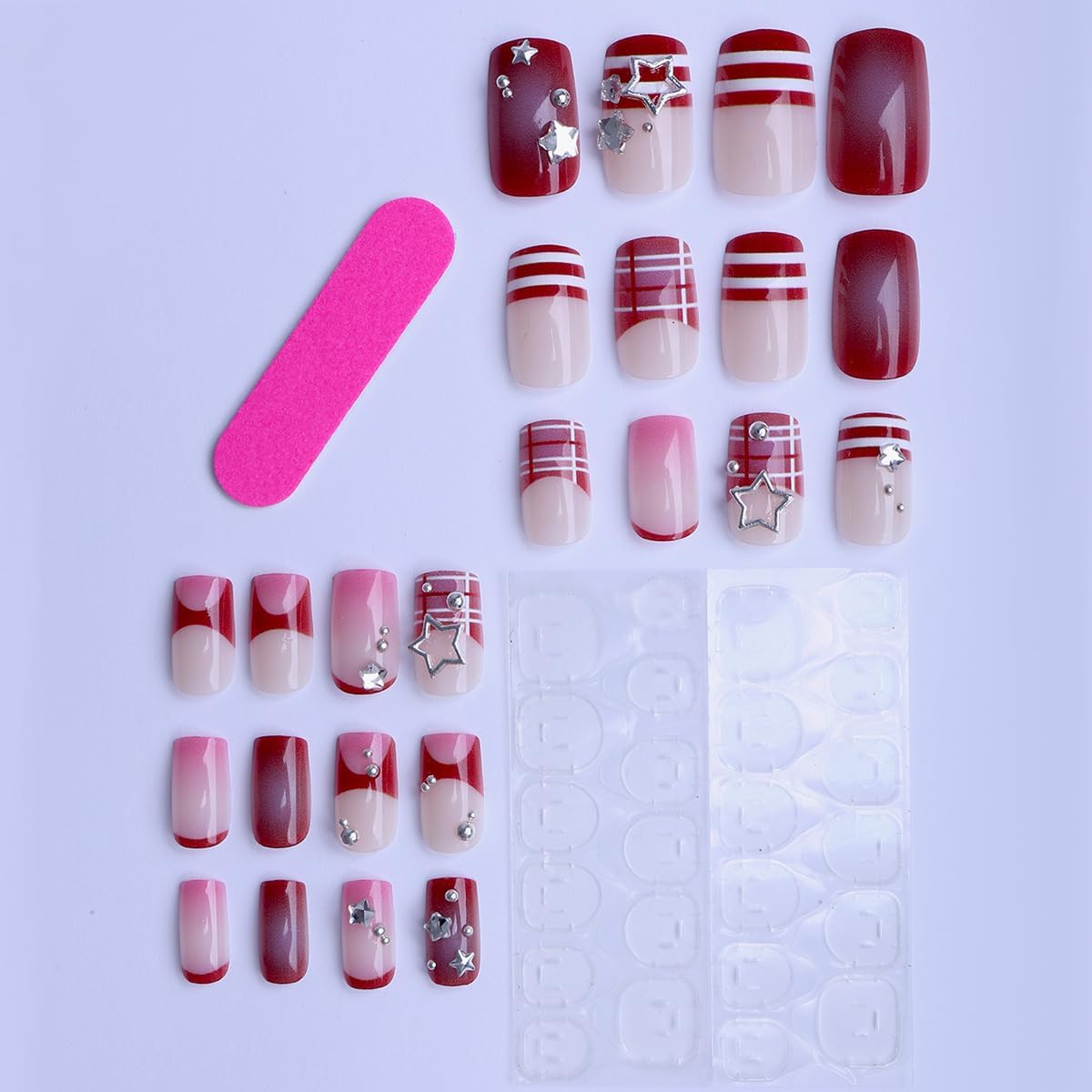 plalely Square Press on Nails Medium Pink Fake Nail 3D Star Charms with Stripes Acrylic Nail Press ons Y2K Style Stick on Nail for Women 24pcs
