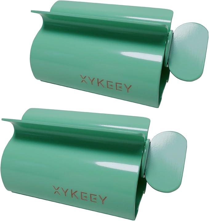 XYKEEY Toothpaste Tube Squeezer - Set of 2 Toothpaste Squeezer Rollers, Metal Toothpaste Tube Wringer Seat Holder Stand (Green)