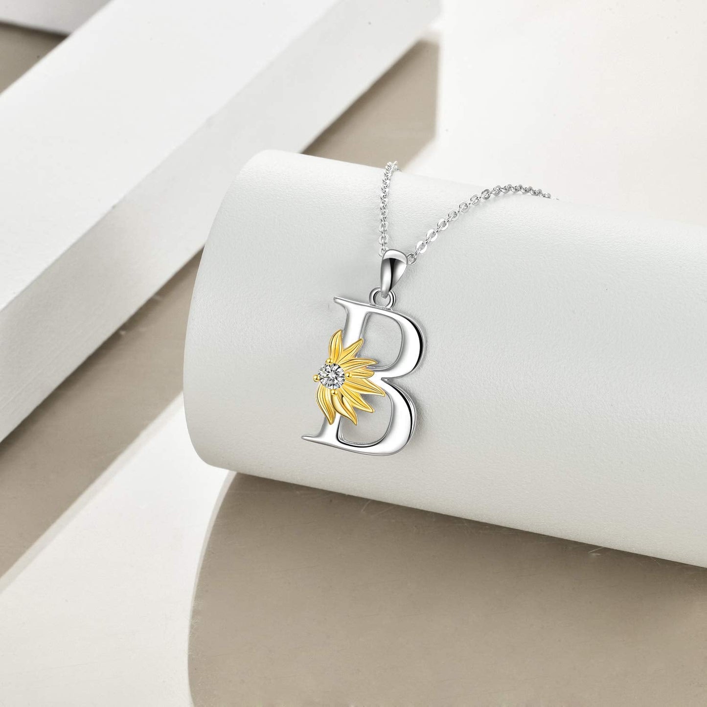 POPLYKE Sterling Silver Initial Alphabet Letter B Script Name Pendant Chain Necklace for Women for (Sunflower B)