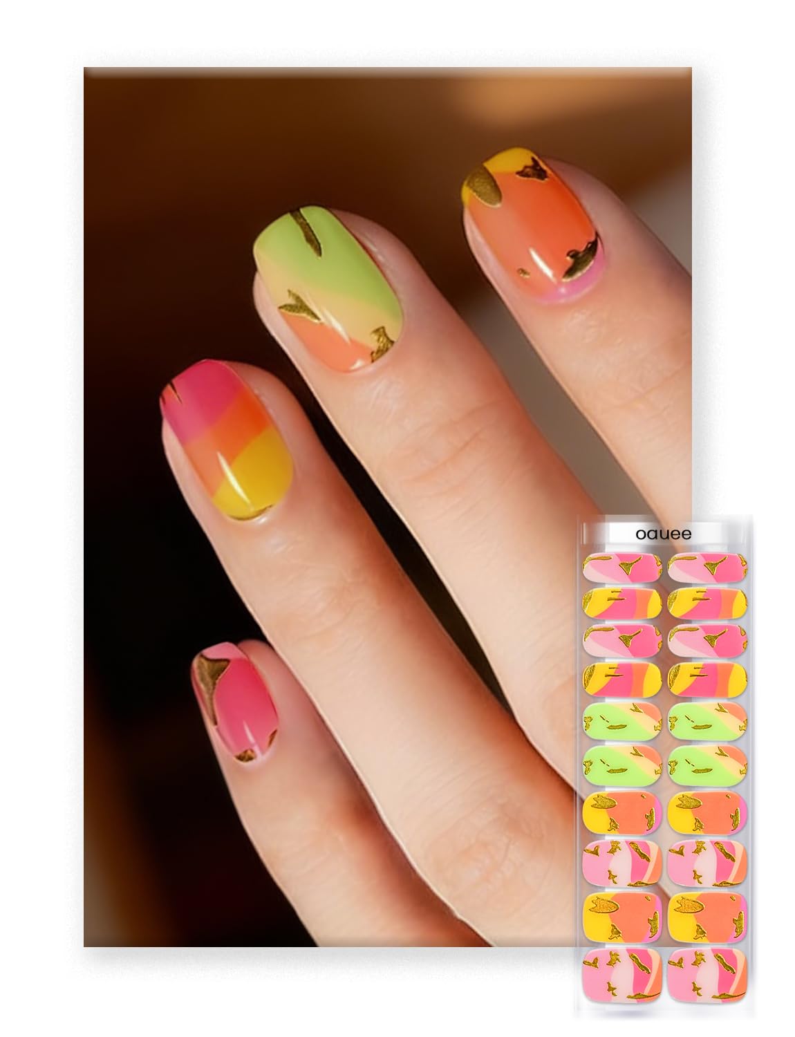 Oauee Semi Cured Gel Nail Strips | Built-In Gel Top Coat | UV Light Required | Salon Quality, Easy Application And Removal (Gilded Tropical）