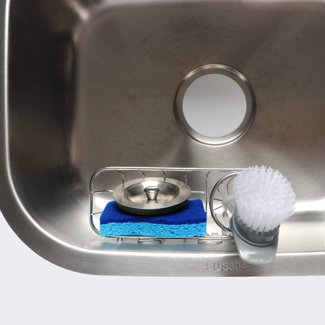 HULISEN 3-in-1 Sponge Holder for Kitchen Sink with Dish Brush Holder, Stainless Steel Caddy for Soap, Scrubber, No Drill and Rustproof, Silver
