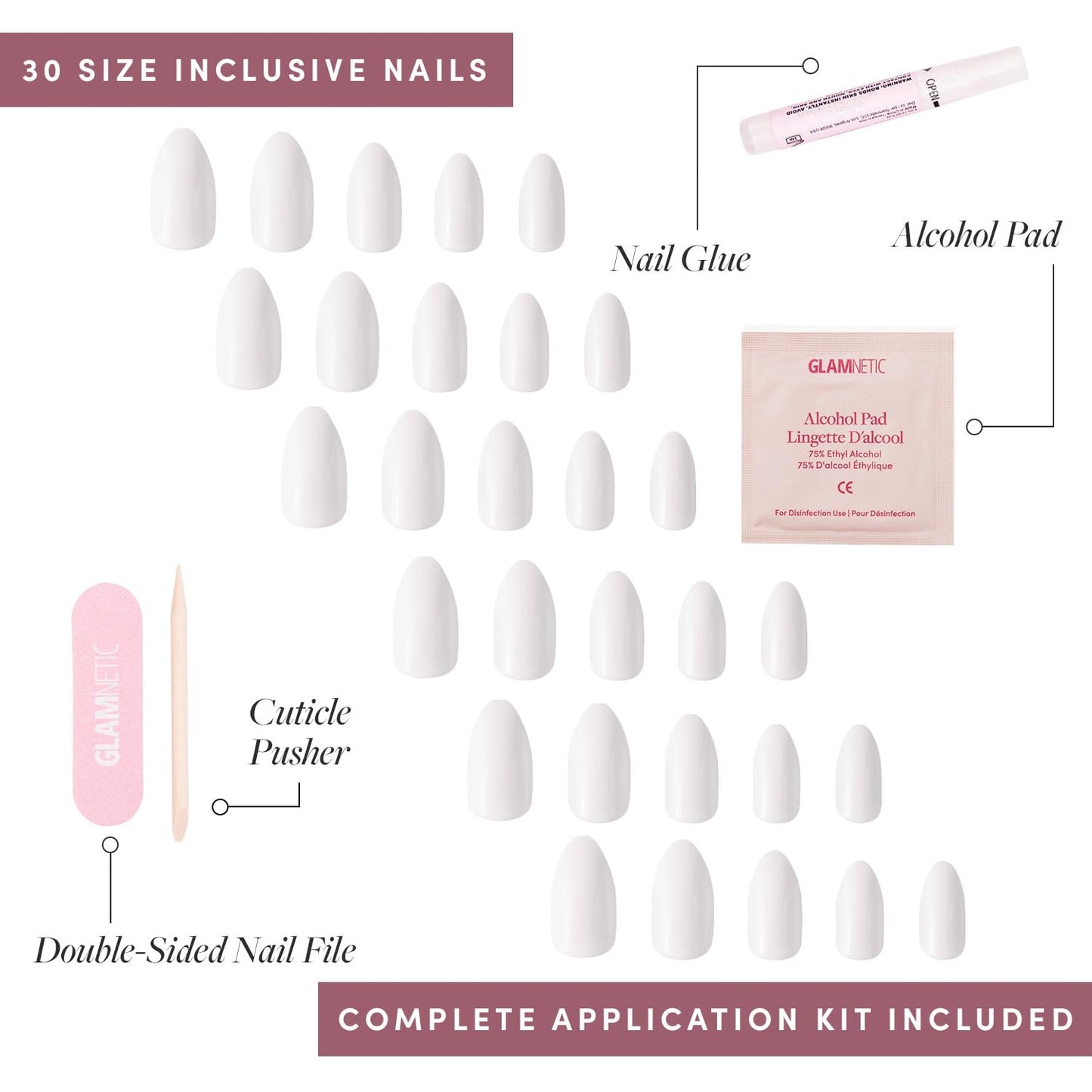 Glamnetic Press On Nails - Angel | Opaque White Short Almond Fake Nails, Salon Quality | 12 Sizes - 24 Nail Kit