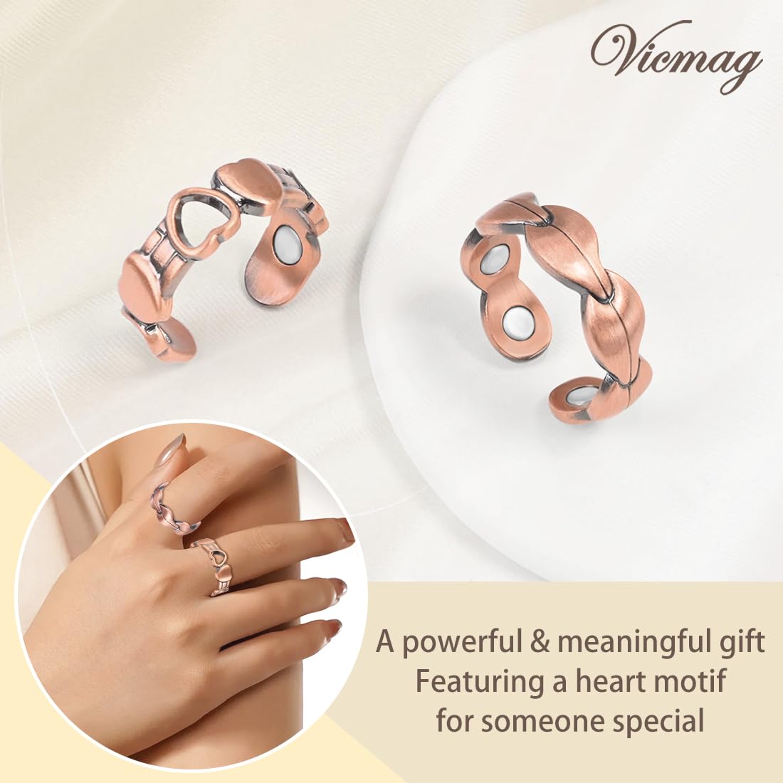 Vicmag 2PCS Magnetic Copper Rings for Women & Men,99.99% Pure Copper Ring with 9X Magnets Gift Adjustable(Leaf & Love)
