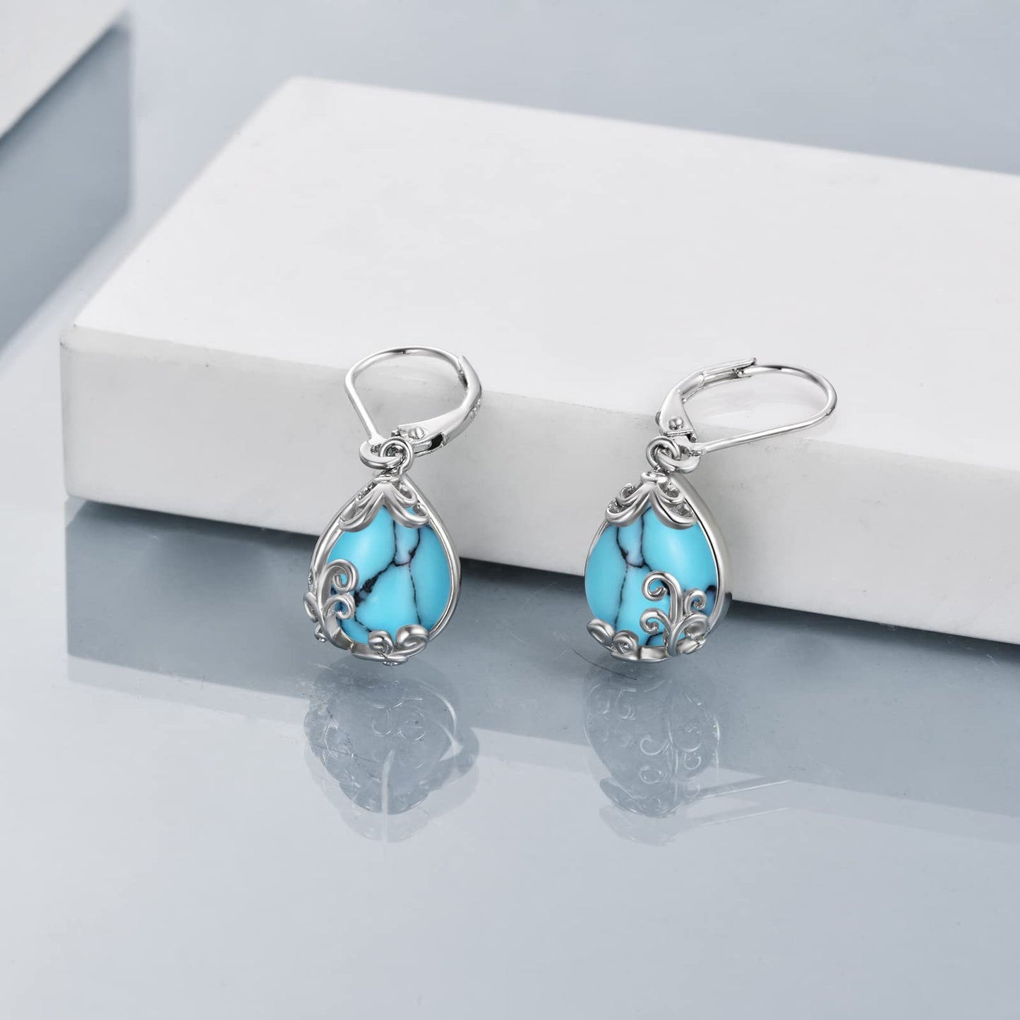 POPLYKE Turquoise Filigree Teardrop Drop Dangle Earrings Sterling Silver Leverback Earrings Jewelry