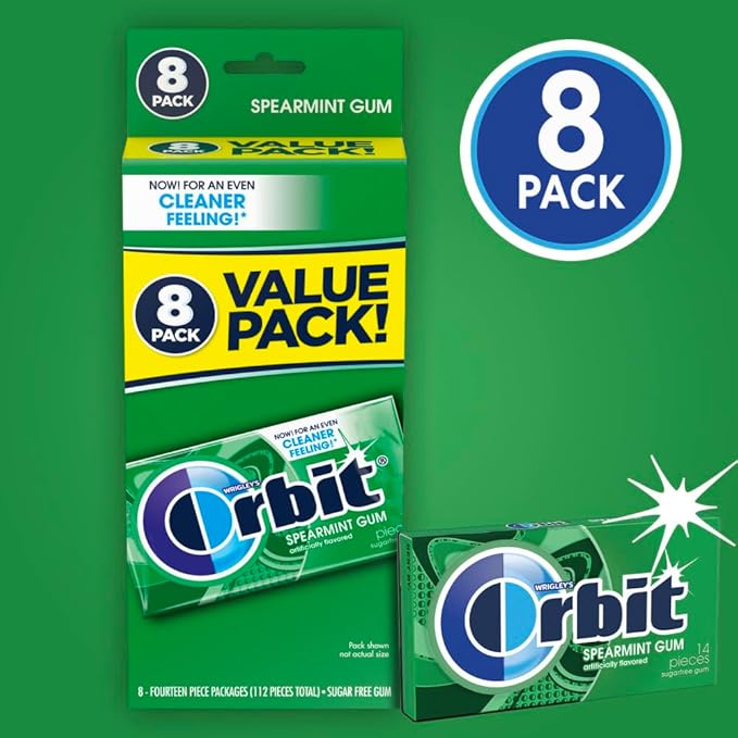 ORBIT Spearmint Sugarless Chewing Gum Bulk, 8 Packs of 14-Pieces, Case of 6 (672 Total Pieces)