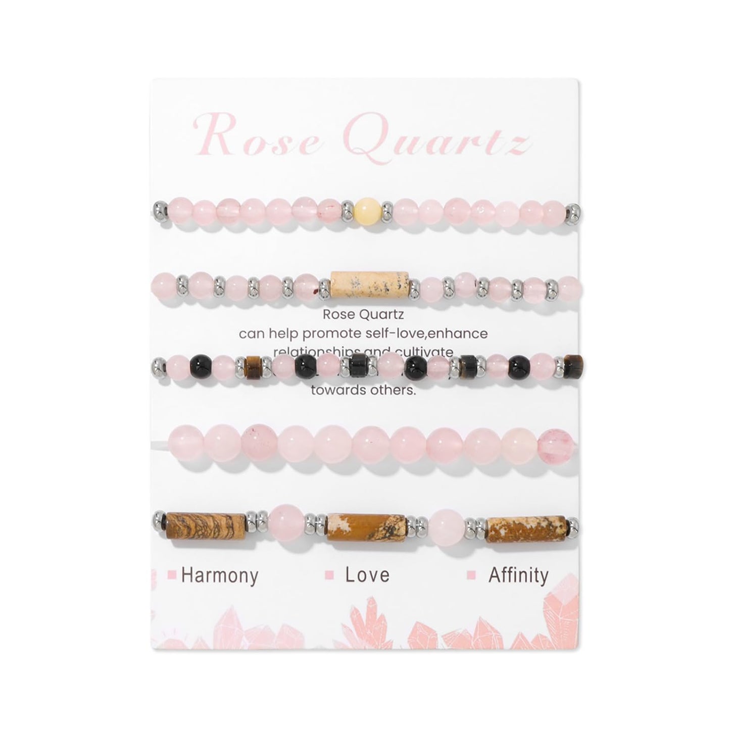 Lit Wall 5Pcs Rose Quartz Bracelet Set: 4mm Stackable Pink Crystal Beaded Bracelets for Women