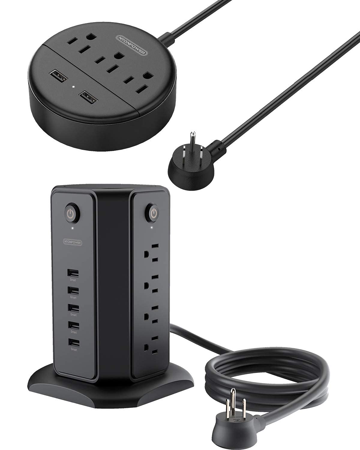 NTONPOWER Desktop Power Strip and Tower Power Strip with USB Bundle, Black Extension Cord for Home, Office, Dorm Essential