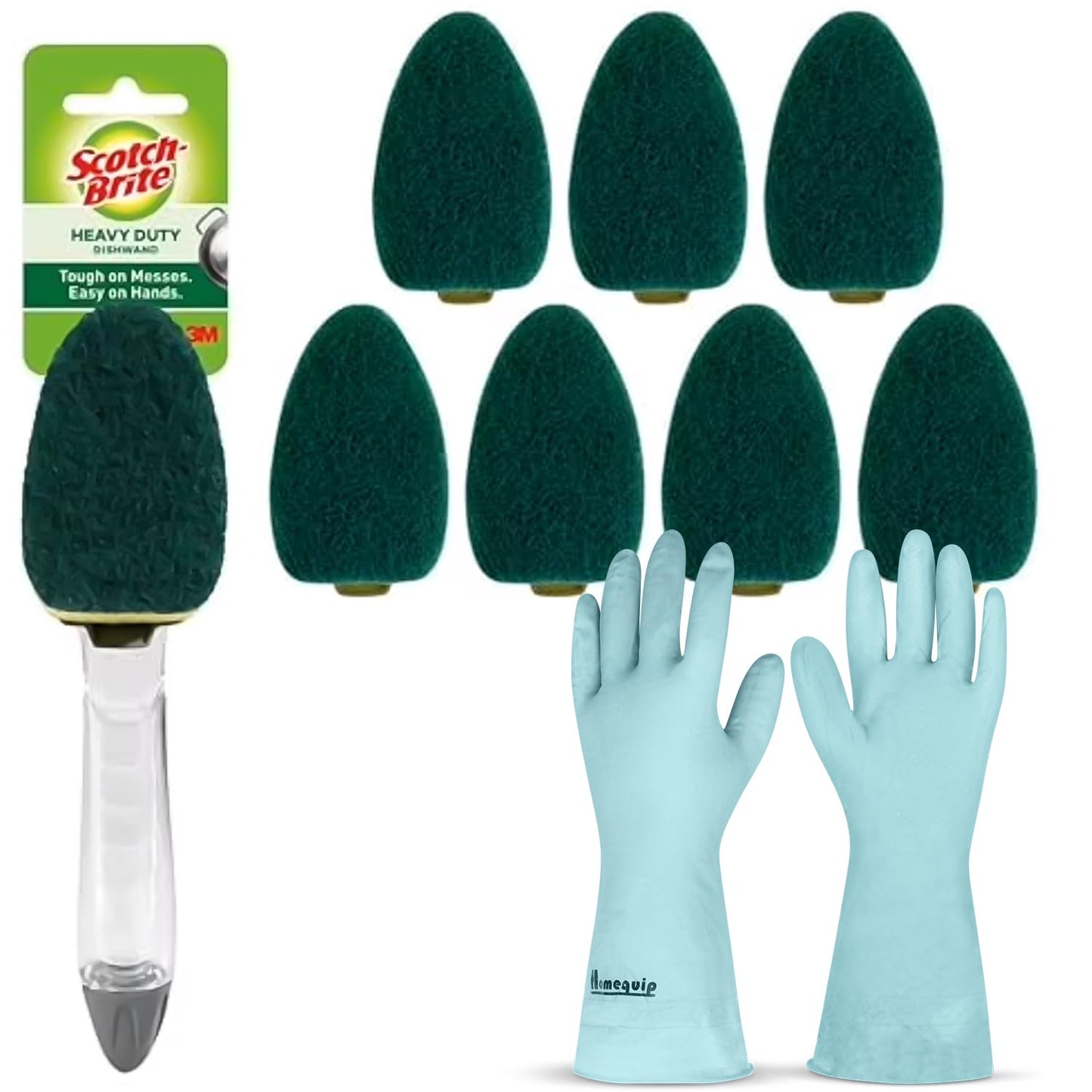 Scotch Brite Dishwand Kit, 3M Dishwand and 7 Scotch Brite Dishwand Refills, Heavy Duty Dish Sponge with Handle, Dish Scrubber with Handle Includes Dishwashing Gloves