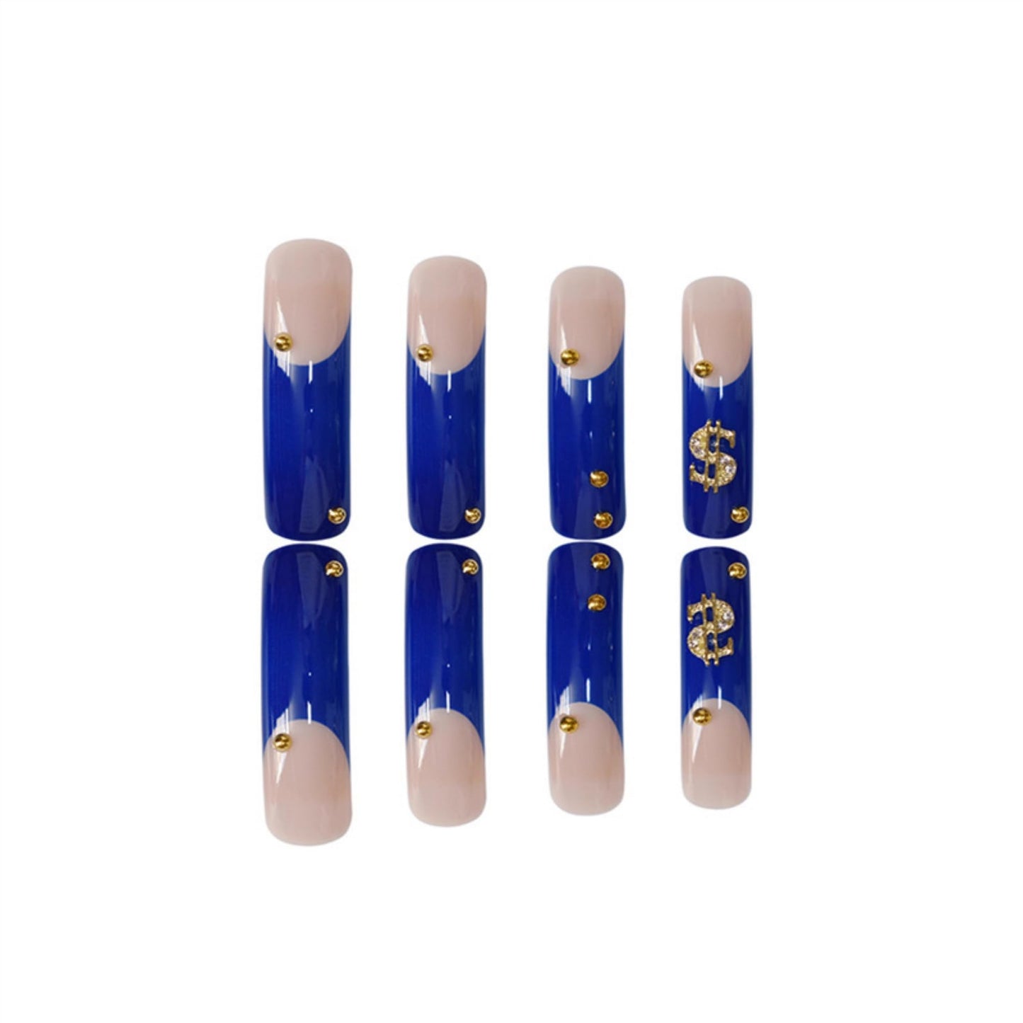 SEENEEY Curved Press on Nails Long Fake Nails Blue Artificial Nail Gold Charm Stick on Nail for Women 20pcs