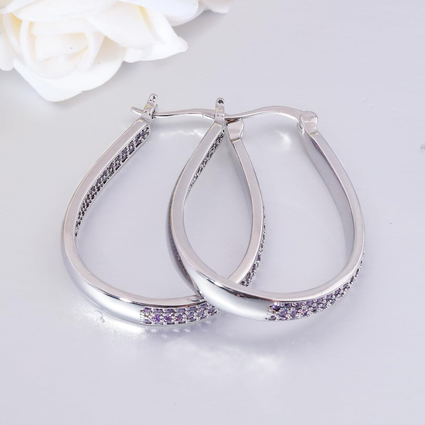 CiNily 925 Sterling Silver Post Hoop Earrings for Women Light Purple Cubic Zircon Hoop Earrings 14K White Gold Plated Oval Chunky Gemstone Hoop Earrings Jewelry