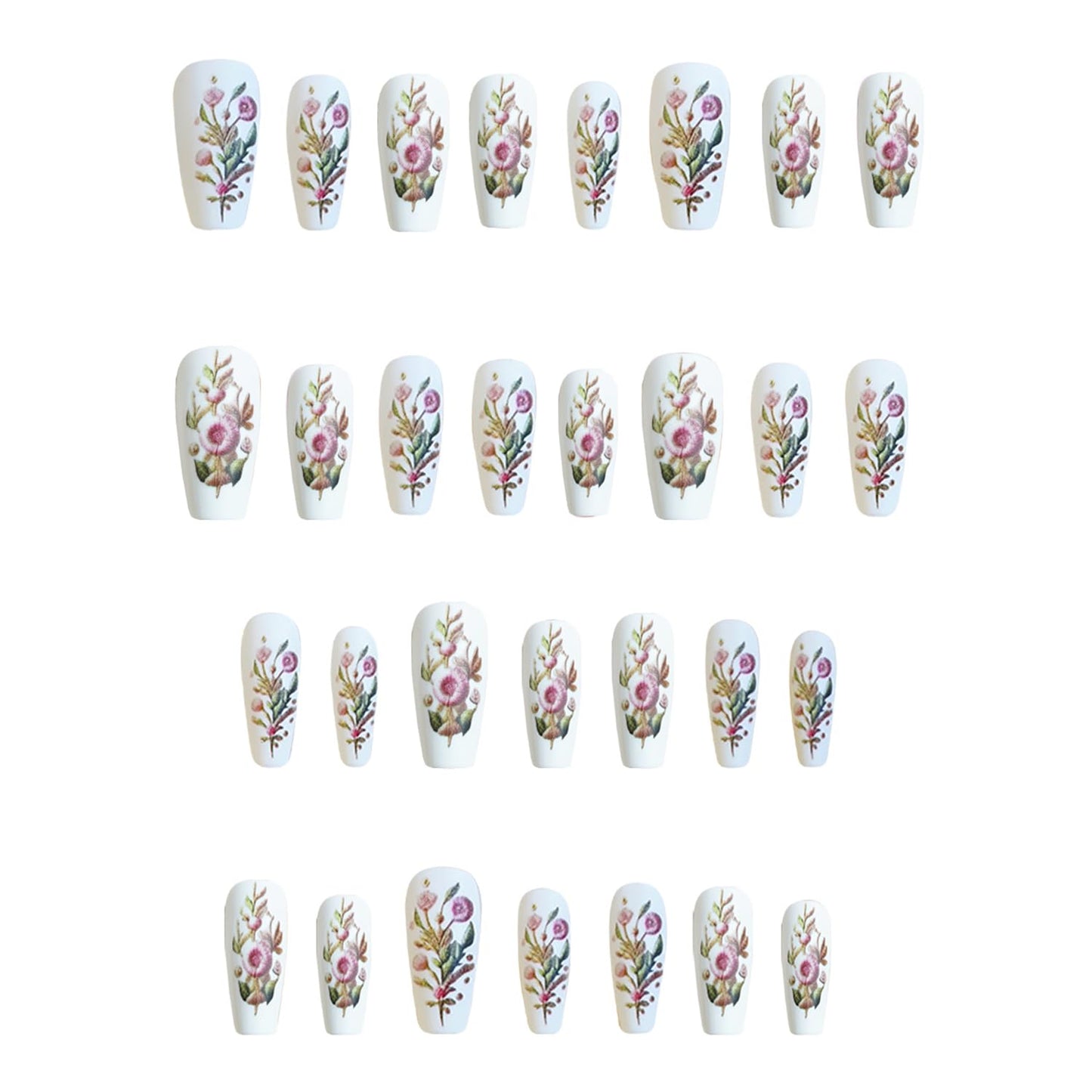 Pastel Embroidery Press on Nails Medium Ballet Shaped False Nails Flower Acrylic Nails White Stick on Nails Floral Embroidery Design Coffin Nails 24Pcs Full Cover Artificial Glue on Nails for Women