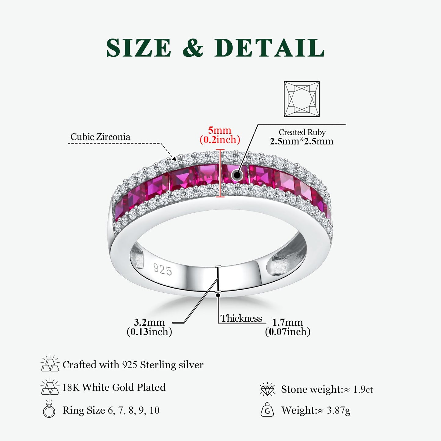 RANDES Ruby Ring Bands for Women Thick Channel Set Eternity Band 925 Sterling Silver Red Stone 5mm Wide Wedding Engagement Ring Size 7