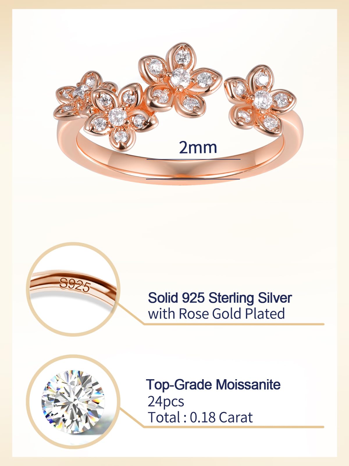 CYW Sterling Silver Moissanite Rose Gold Stacking Ring Adjustable Cherry Flower Floral Blossom Womens Open Rings