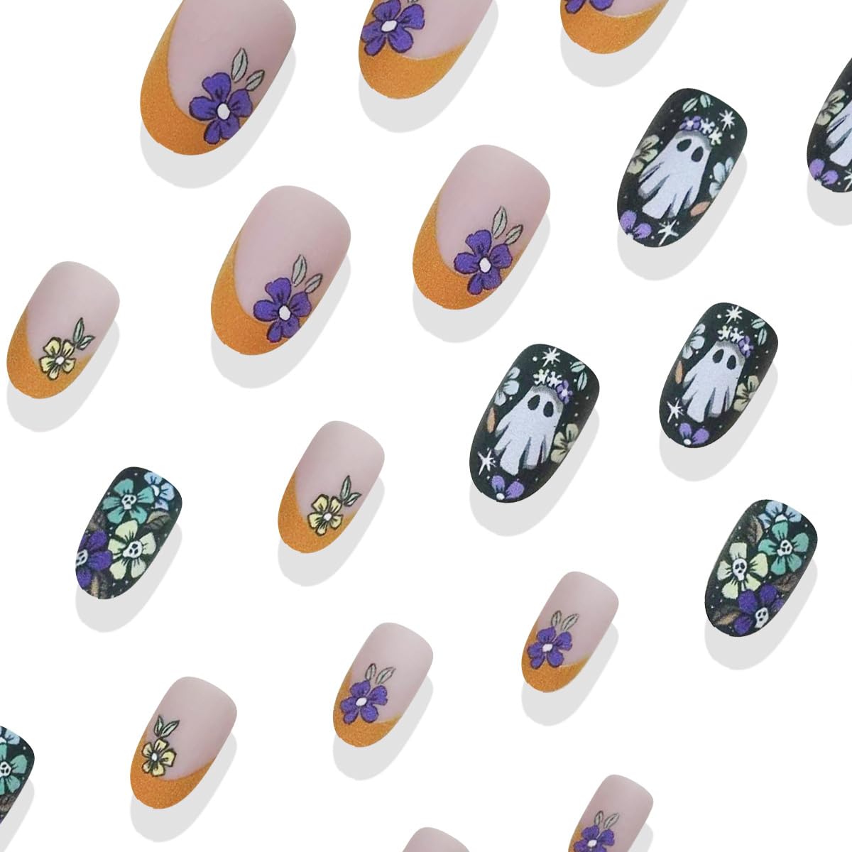 Almond Press on Nails Halloween Fake Nails Matte False Nails Press ons with Ghost & Flower Design - Reusable Artificial Nail Full Cover Glue on Nail Stick on Nails for Women Manicure 24 Pcs