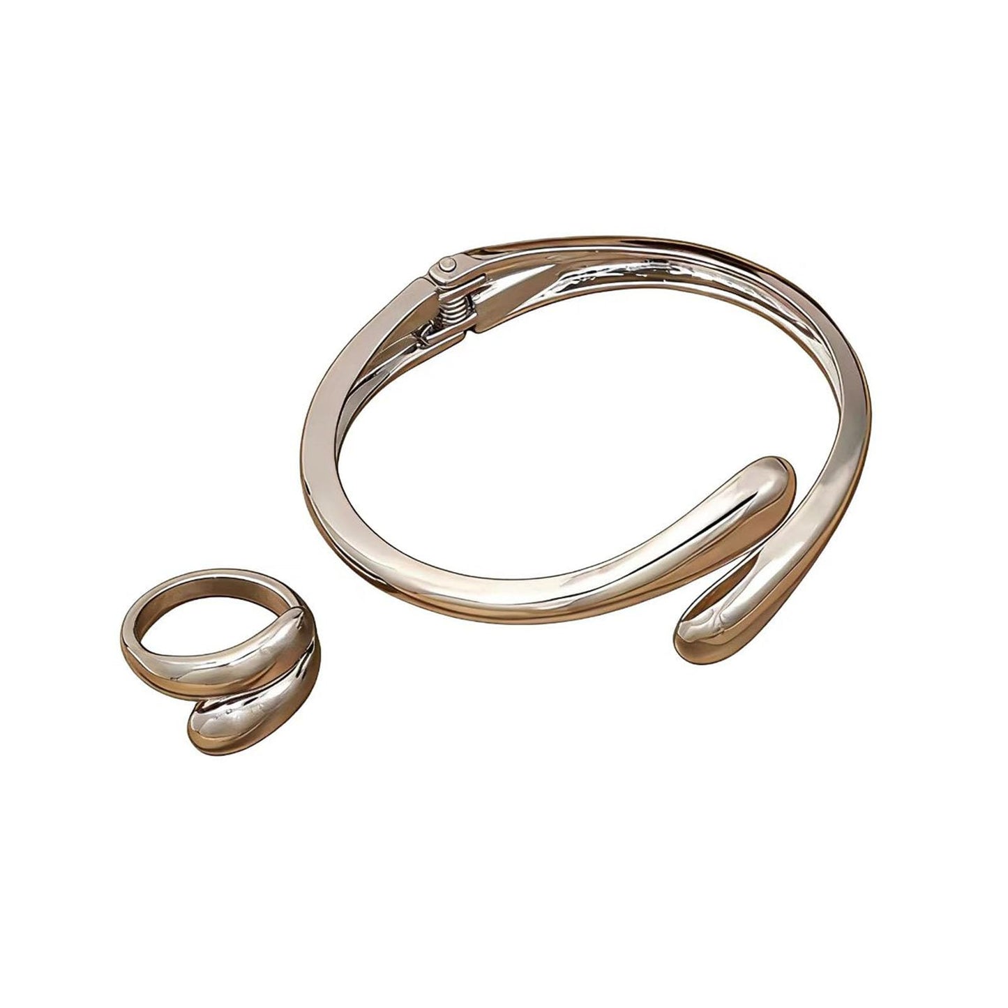 Hcrohihit Chunky Thick Cuff Bangle Bracelet for Women,Minimalist Adjustable Open Cuff Bracelet and Ring Collar Set,Polished Statement Cuff Bangle,Fashion Jewelry (B Silver)