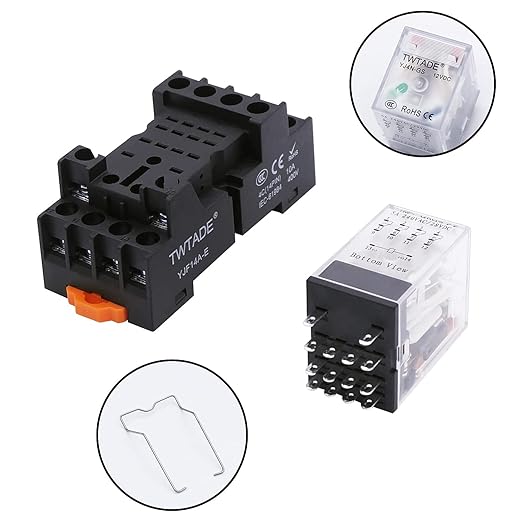 TWTADE/DC 12V Relay 5A Electromagnetic Power Coil Relay 14 Pins 4PDT 4NO+4NC HH54P MY4J with Indicator Light & Socket Base -YJ4N-GS