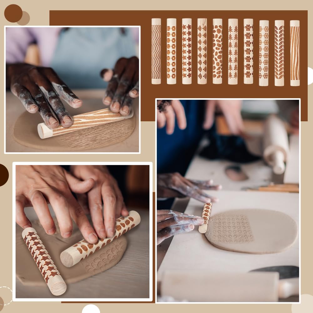 NBEADS 10 Pcs 10 Styles Clay Texture Rollers, Ceramics Potters Stamp Roller Tools Textured Rolling Pins for Slab Building Sculpting Handmade Craft Art DIY Design, 4.37x0.63 inch