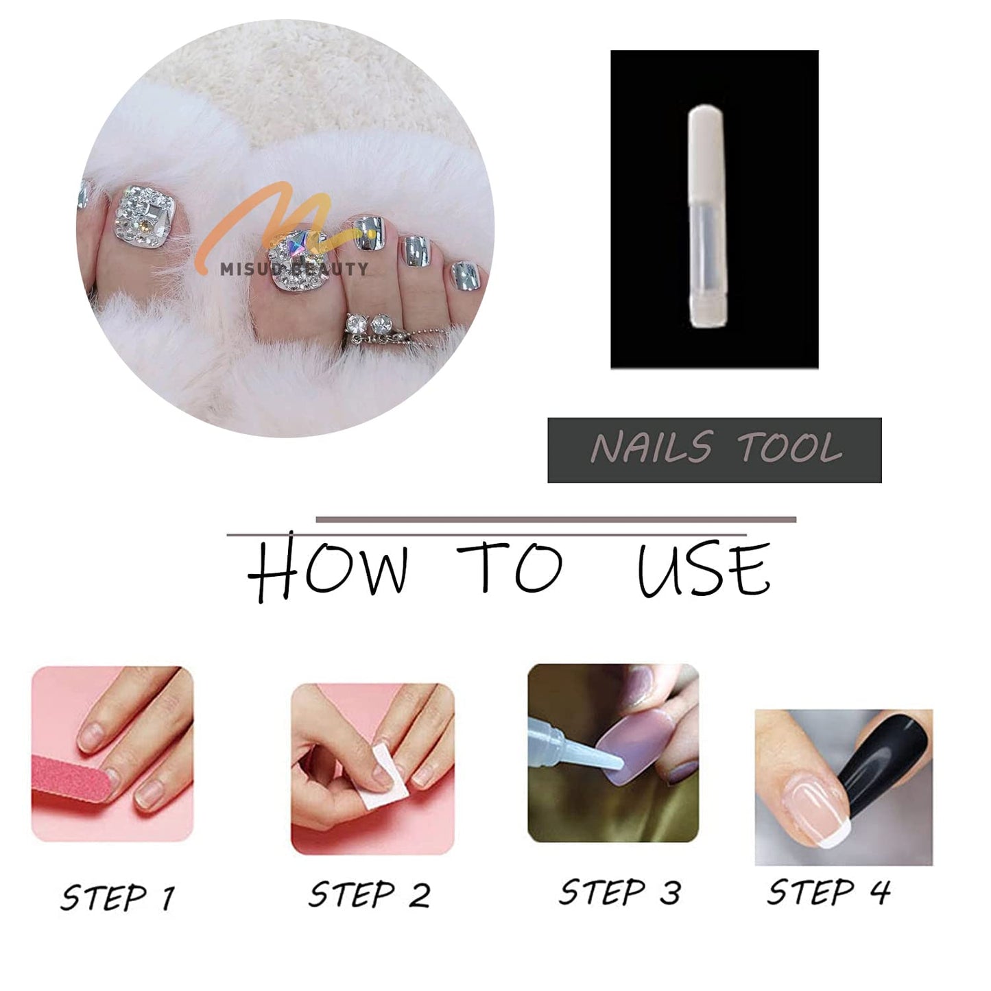 MISUD Press on Nails - Toe Glue on Nails with Silver Chrome, Acrylic Toenails Rhinestone Design 24 pcs