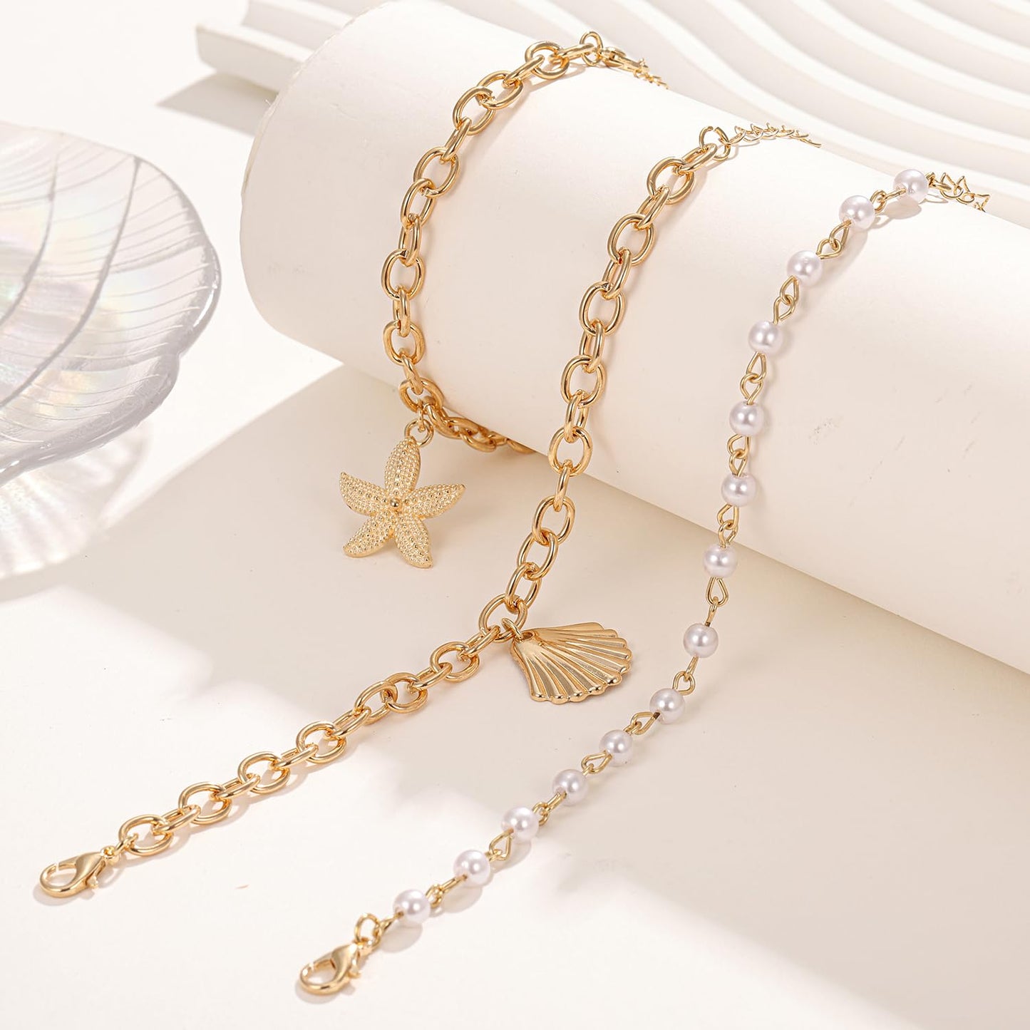 Conch Seashell Starfish Bracelet for Women Conch Shell Summer Pearl Beach 14k Gold Layered Dainty Bracelet