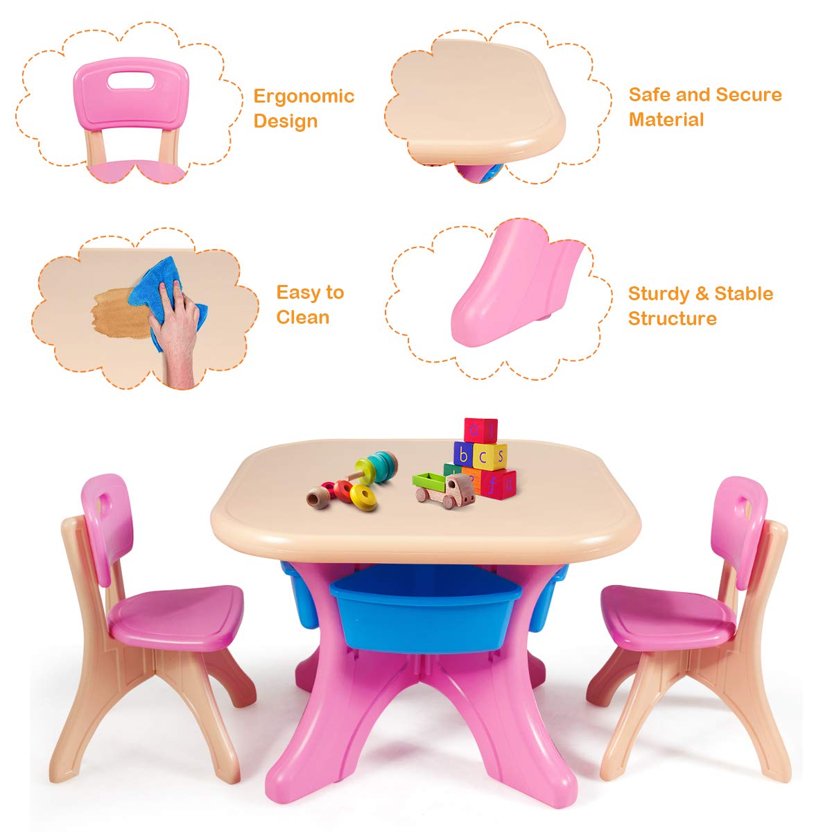KOTEK Kids Table and Chair Set with Storage Bin, 3 Piece Activity Table Set with 2 Chairs for Toddler, Children Art Crafts Study Desk for Reading, Drawing, Painting (Pink)