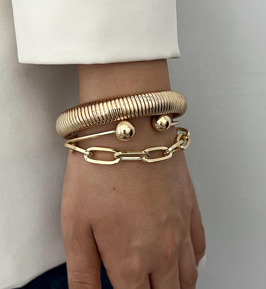 Chunky Gold Bangle Bracelets for Women, Dainty 14k Gold Plated Stackable Chain Bracelet Set, Trendy Statement Cuff Ball Bangles Stack Jewelry