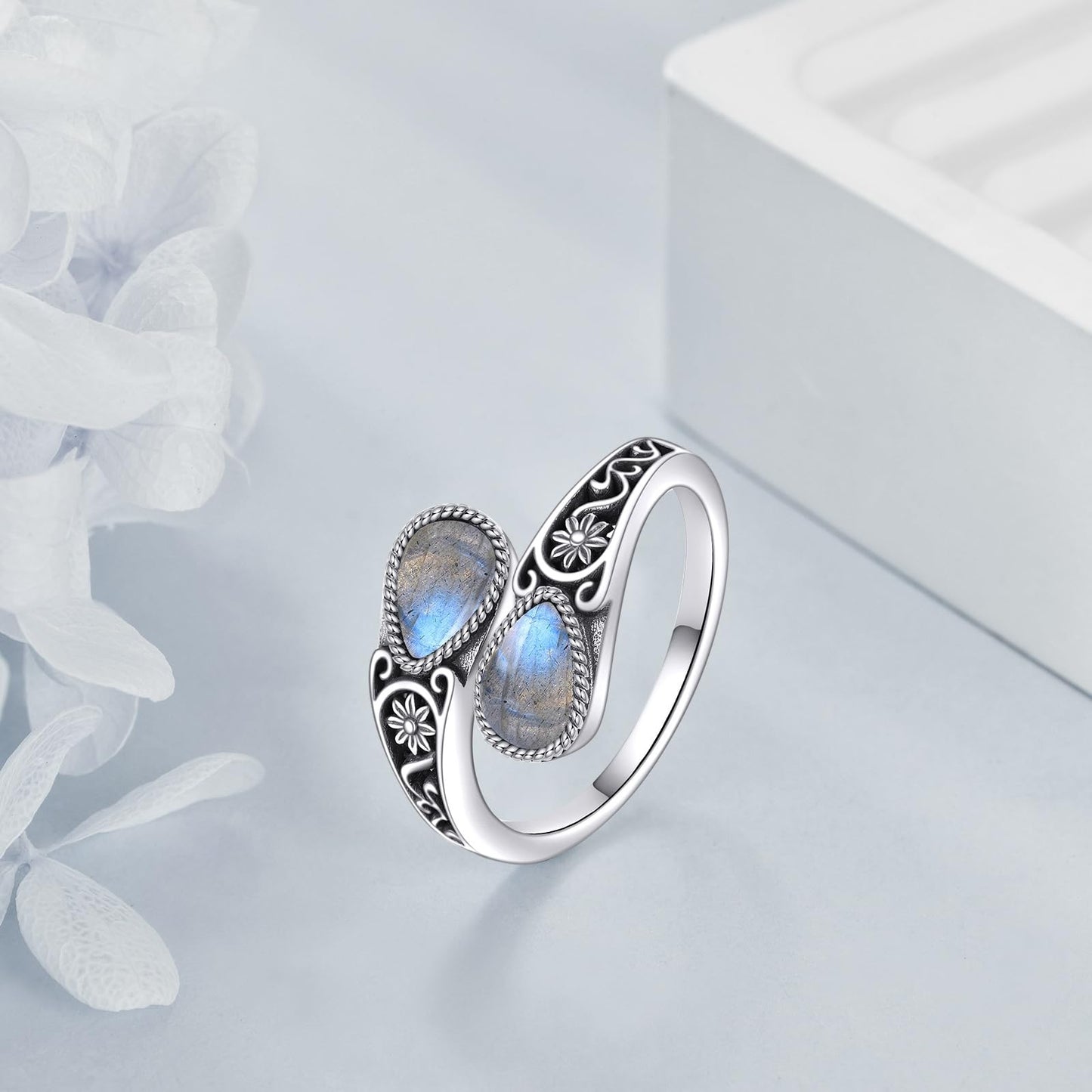 POPLYKE Sterling Silver Labradorite Filigree Spoon Ring Vintage Thumb Rings Boho Adjustable Open Ring Statement Jewelry Gifts for Women