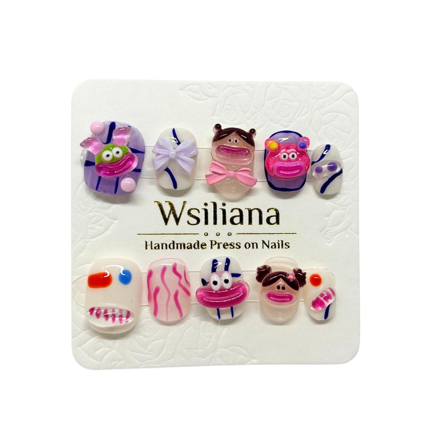 Wsiliana Handmade Fake Nails Press On Nails Medium Short Coffin Pink Tip 3D Design Art Charms Cute with Storage Box 10 Pcs (027, XS)