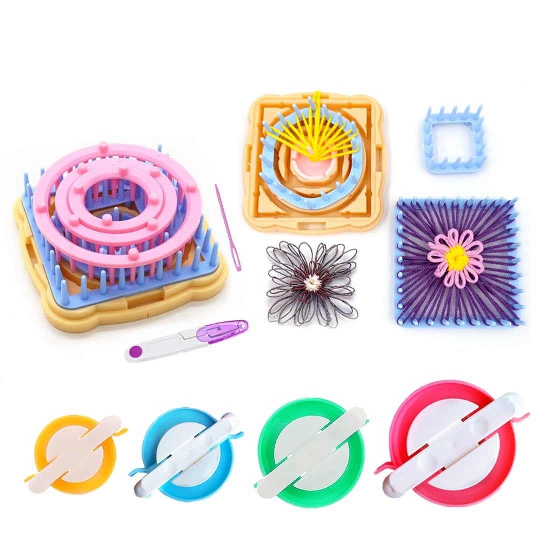 Ayasee Weaving Loom Kit, Flower Knitting Loom Kit, Frame Looms, Knitting Wool, Round/Square Knitting Looms Craft Kit Multi Color (Flower Maker + Pom Maker)