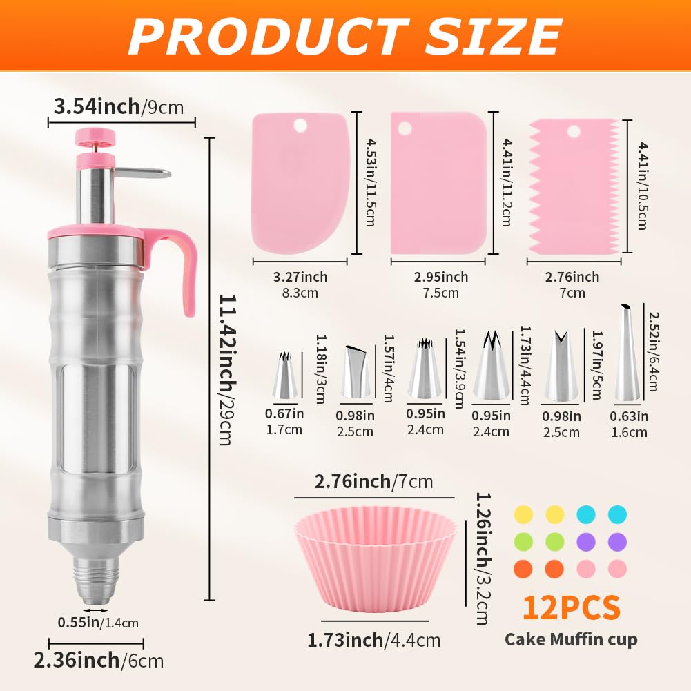 Dessert Decorating Syringe Set, 24Pcs Frosting Piping Kit with 6 Piping Tips, 12 Silicone Cupcake, Stainless Steel Cupcake Decorating Kit Piping Bags and Tips Set