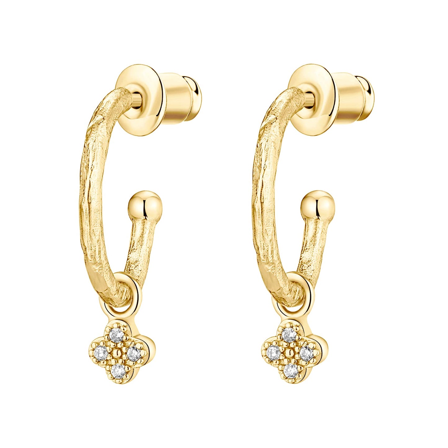 PAVOI 14K Yellow Gold Plated 925 Sterling Silver Post Dangle Huggie Hoop Earrings For Women - Trendy Clover Drop Open Hoop Earrings - Cubic Zirconia Small Hinged Hammered Huggies