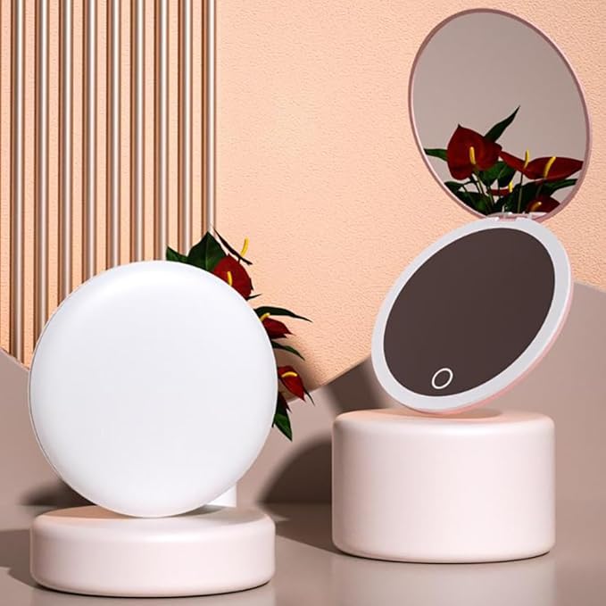 LED Illuminated Travel Makeup Mirror,Portable Folding Mirror,Mini Travel Mirror,Hand Mirror,1X/2X Magnifying Glass,Touch Adjustable Screen(White 3.5-Inch)