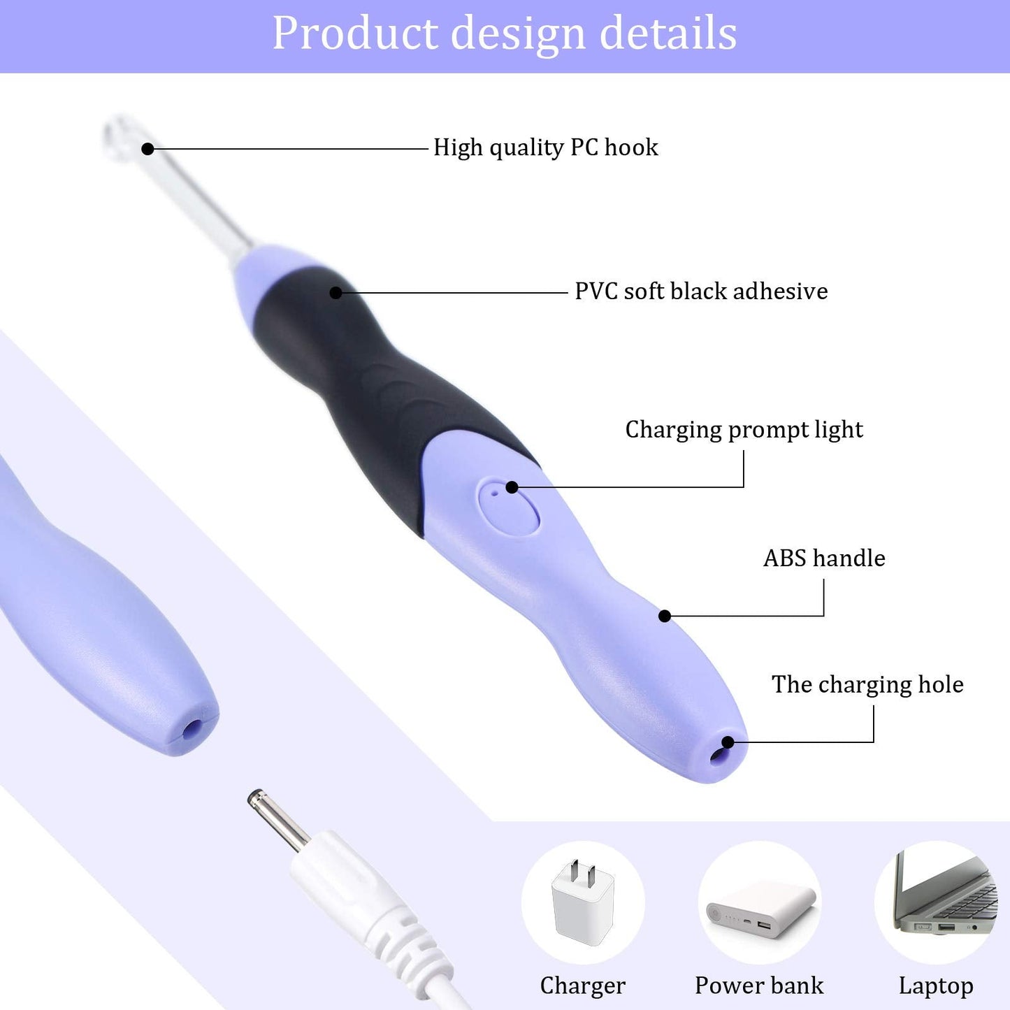 Chuangdi 11 Sizes Lighted Crochet Hooks Set Rechargeable Crochet Hook Light up Hooks with Case, Interchangeable Heads 2.5 mm to 8 mm for DIY Craft Supplies(Purple-Black)