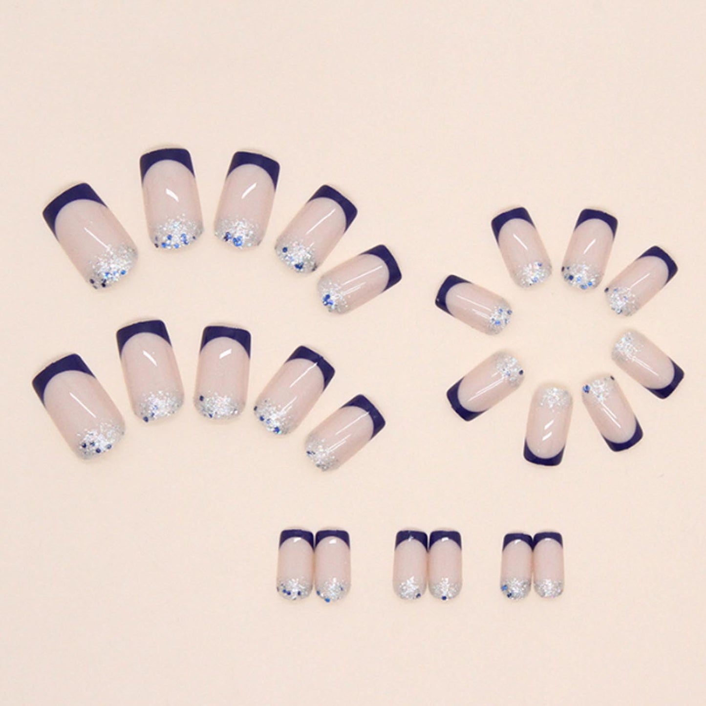 DANMANR Press on Sequins Nails Blue False Shiny Nails Full Cover Acrylic Medium Fake Jelly Square Nails for Women and Girls 24PCS