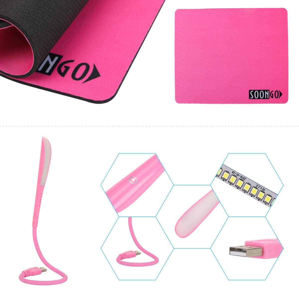 Pink Mouse and Pad USB LED Light 3 in 1 Gift Comb Kids Mouse for Laptop Home Office Travel by SOONGO