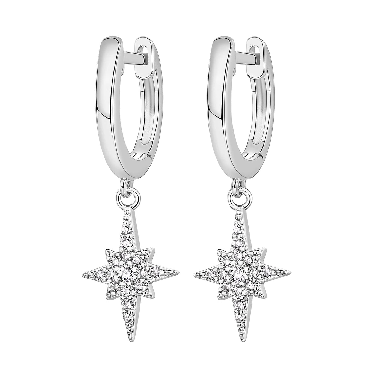 PAVOI 14K White Gold Plated S925 Sterling Silver Post Drop/Dangle Huggie Earrings for Women | Dainty Star Earrings