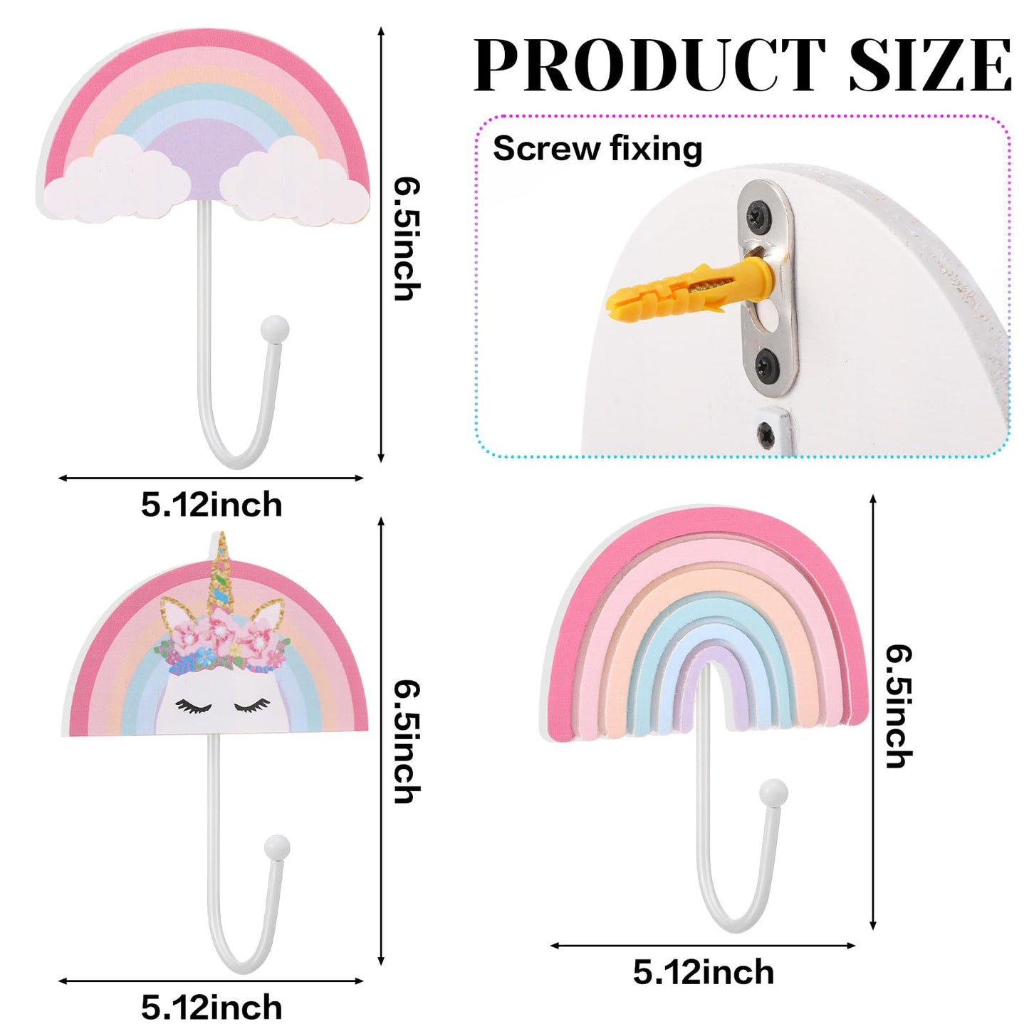 AceOrbit 3 Pcs Rainbow Wall Hooks Unicorn Wall Hangers Pink Nursery Coat Rack Rainbow Art Holder for Kids Bedroom Home Decoration