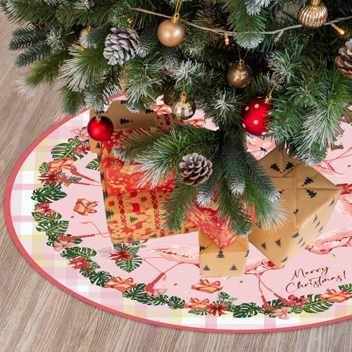 Christmas Tree Skirt in Flamingo, 48-inch Beach Christmas Tree Skirt, Flamingo Christmas Party Decorations, Festive Holiday Party Decorations